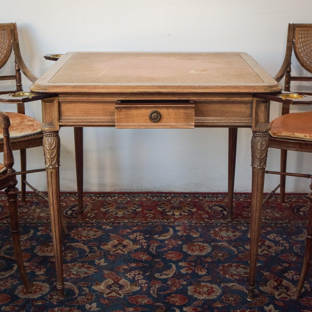 Vintage Games Table with Bergere Chairs, 1940s, Set of 5 for sale at Pamono