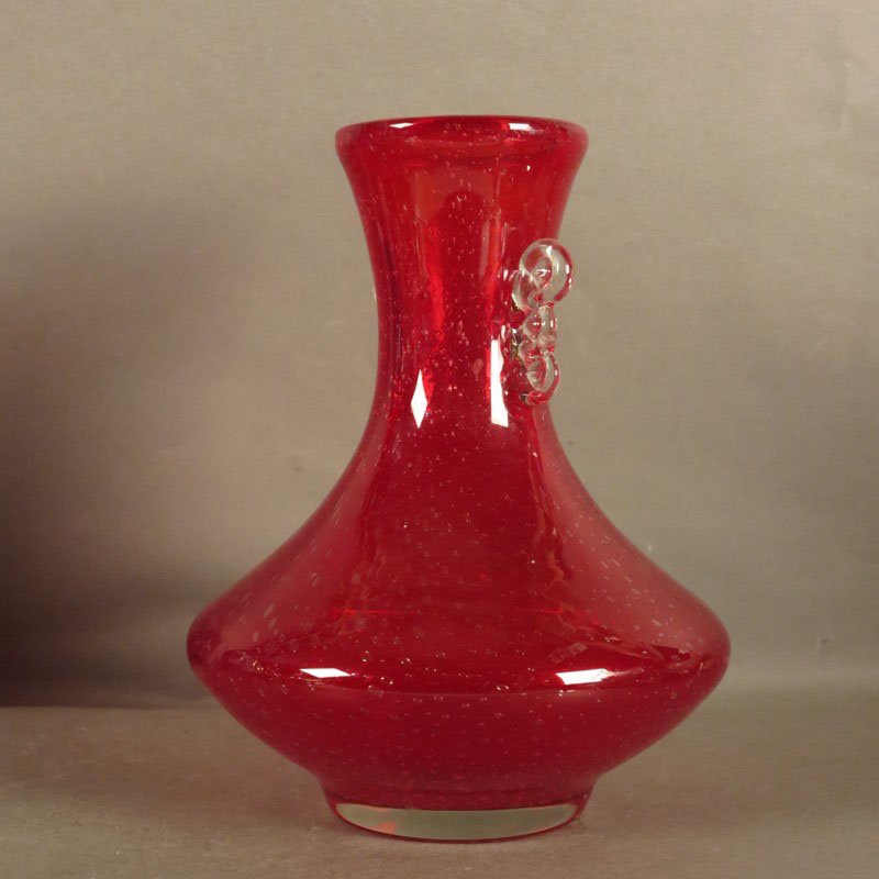 Vintage Red Glass Vase with Handle from Murano, 1950s for sale at Pamono