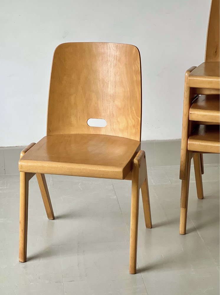 Beech and Plywood Stackable Chairs by Roland Rainer, Set of 4 for sale