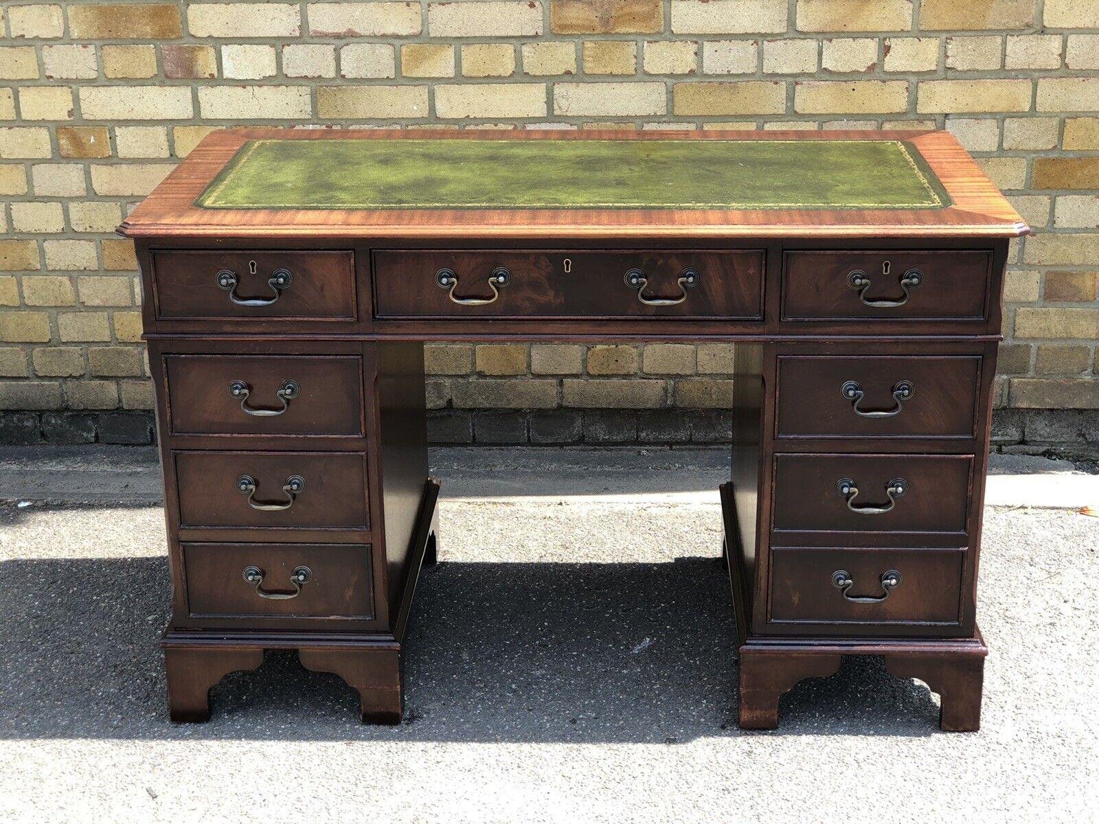 Mahogany Pedestal Desk with Green Leather Top for sale at Pamono