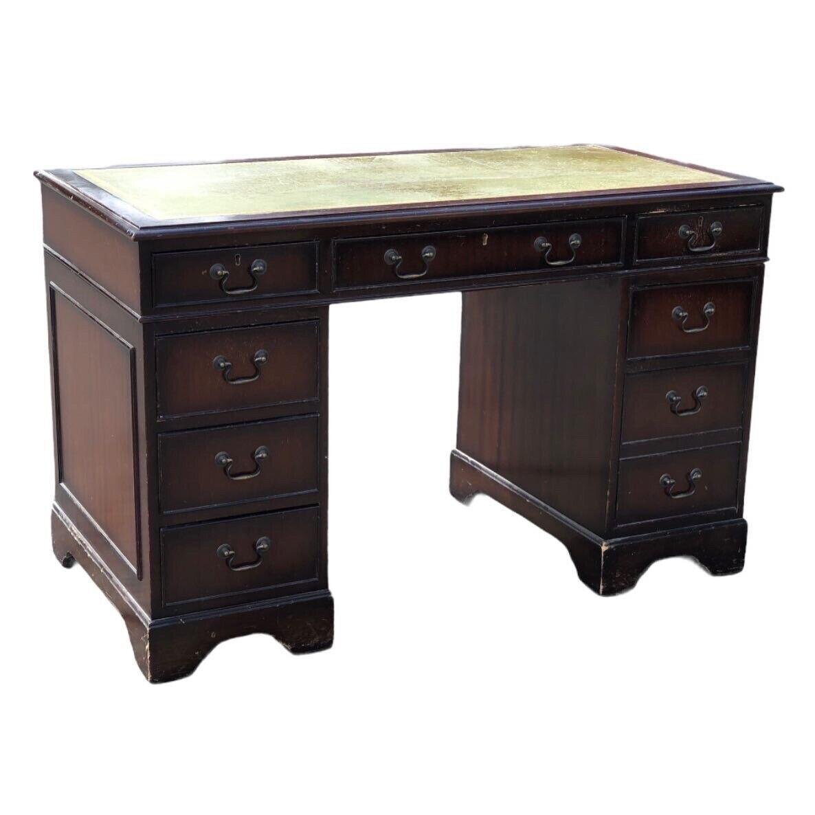 Mahogany Pedestal Desk with Green Leather Top for sale at Pamono