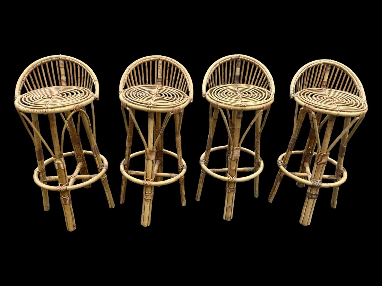 Rattan Bar Stools, 1960s, Set of 4 for sale at Pamono