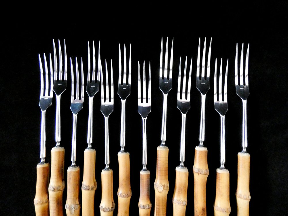 French Cutlery Set in Bamboo and Stainless Steel, 1960s, Set of 12 for