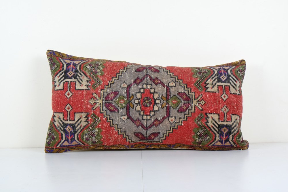Vintage Turkish Pale Rug Lumbar Cushion Cover with Tribal Design for ...