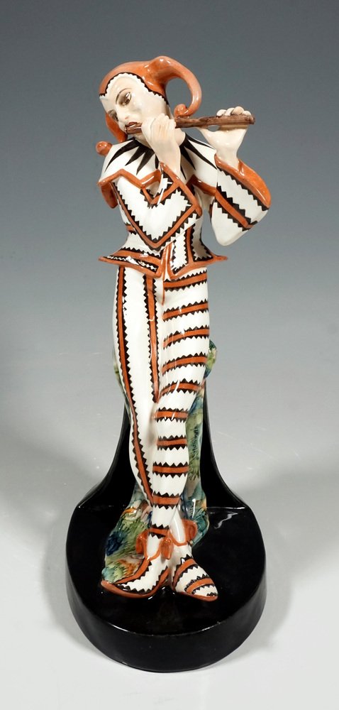 Art Deco Harlekin Figur mit Flöte von Josef Kostial für Goldscheider