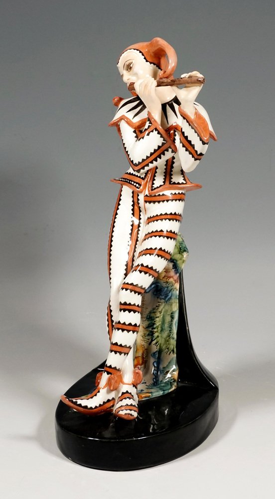 Art Deco Harlekin Figur mit Flöte von Josef Kostial für Goldscheider
