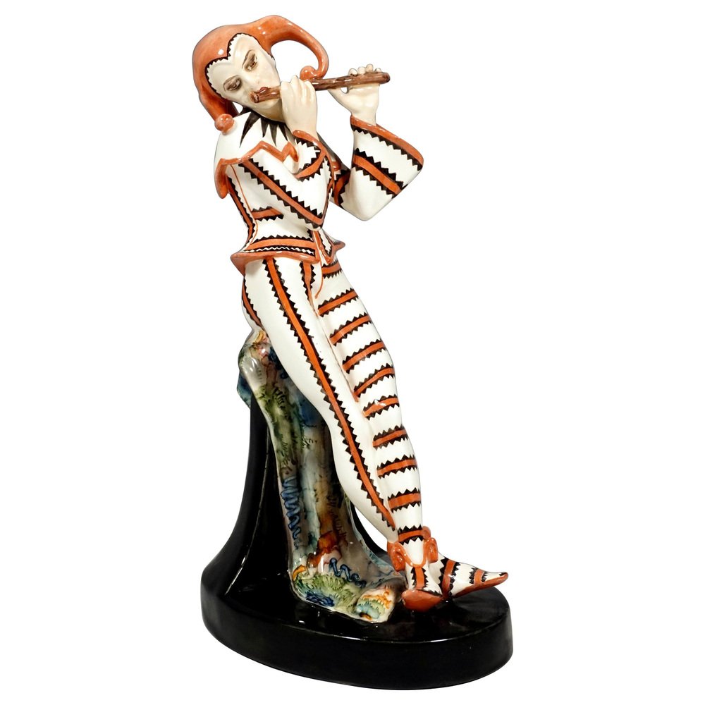 Art Deco Harlekin Figur mit Flöte von Josef Kostial für Goldscheider