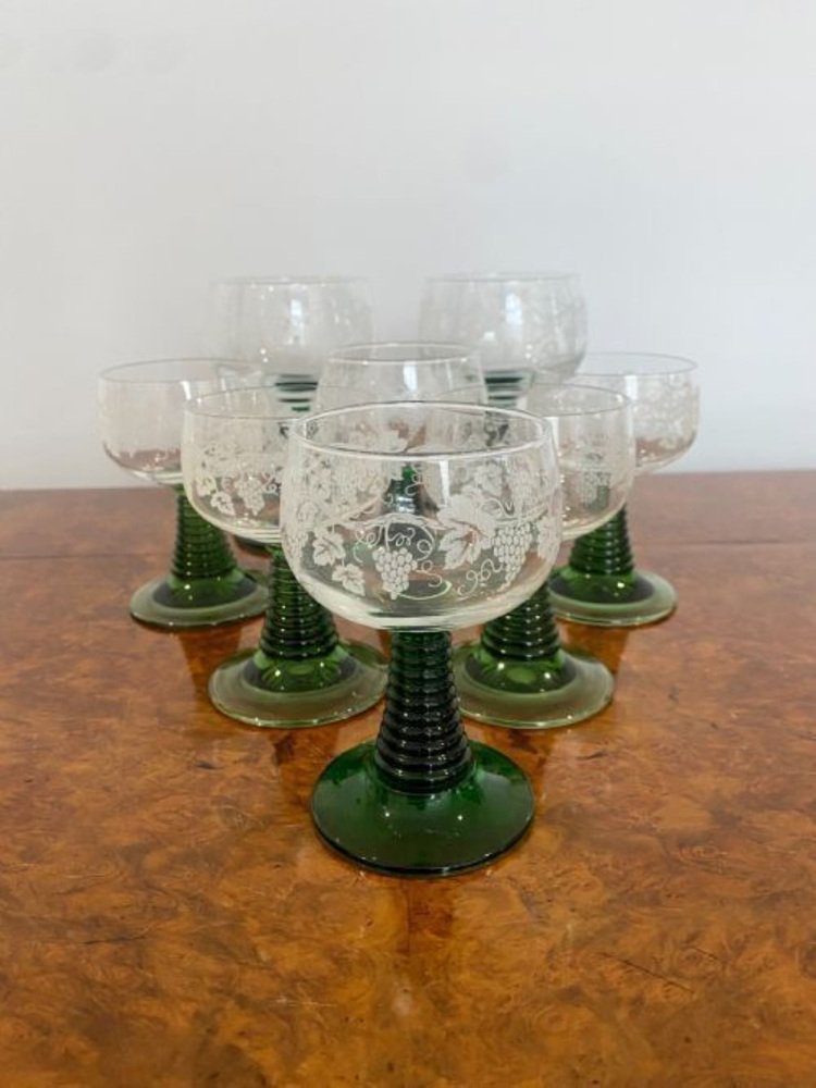 Antique Engraved Wine Glasses, 1880, Set of 8 for sale at Pamono