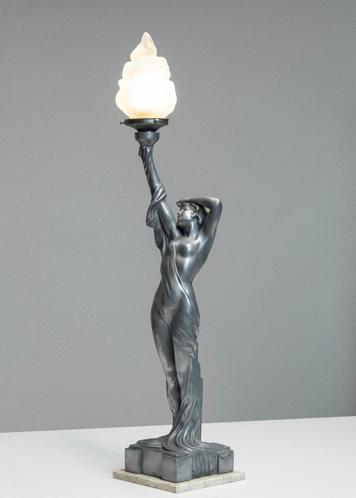 Art Deco French Biba Woman Table Lamp Pewter on Marble Base in the ...