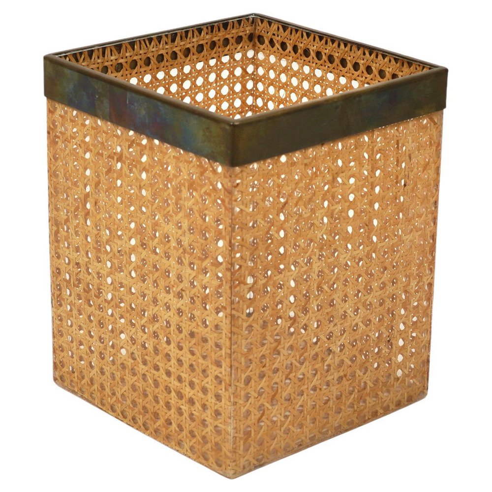 Italian Waste Paper Basket in Rattan and Brass from Christian Dior