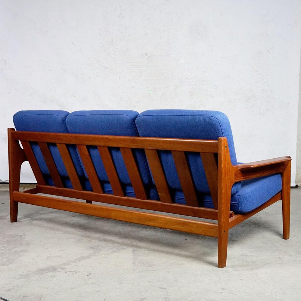 Modern Scandinavian Teak and Blue Fabric Three Seat Sofa attributed to