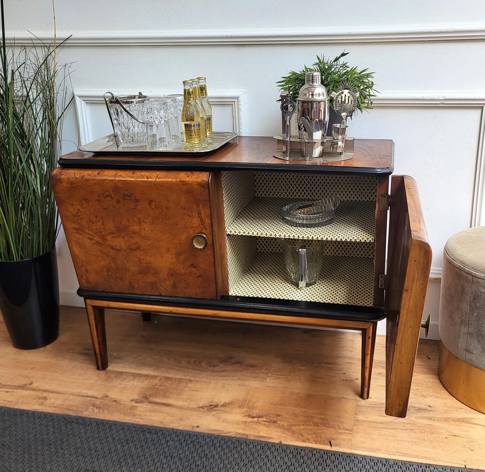 MidCentury Art Deco Italian Walnut Burl and Mirror Mosaic Dry Bar