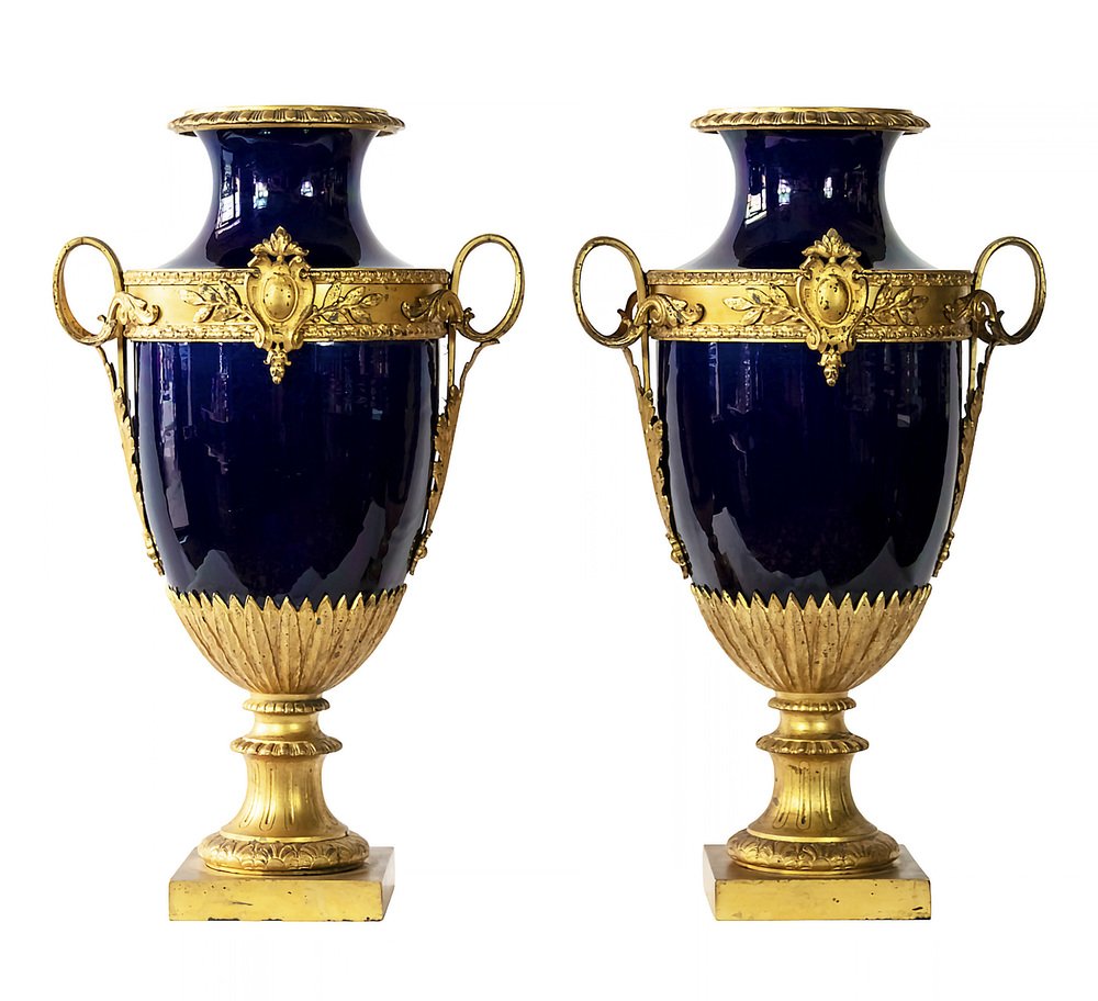 French Sevres Porcelain Cobalt Blue and Bronze Vases, 1890s, Set of 2