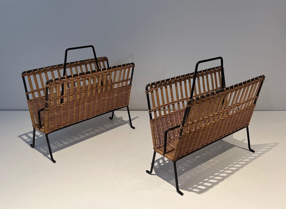 Black Lacquered Metal and Rattan Magazine Racks, 1940s, Set of 2 for ...
