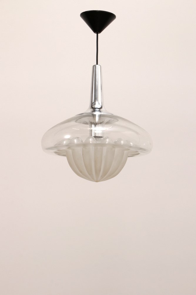 Suspension Vintage Verre Blanc Et Chrome - Domec - Diamètre 27cm