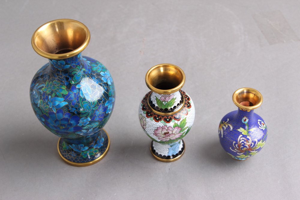 Chinese Jingfa Vases in Enamel, Metal & Wood, 1960s, Set of 3 for sale