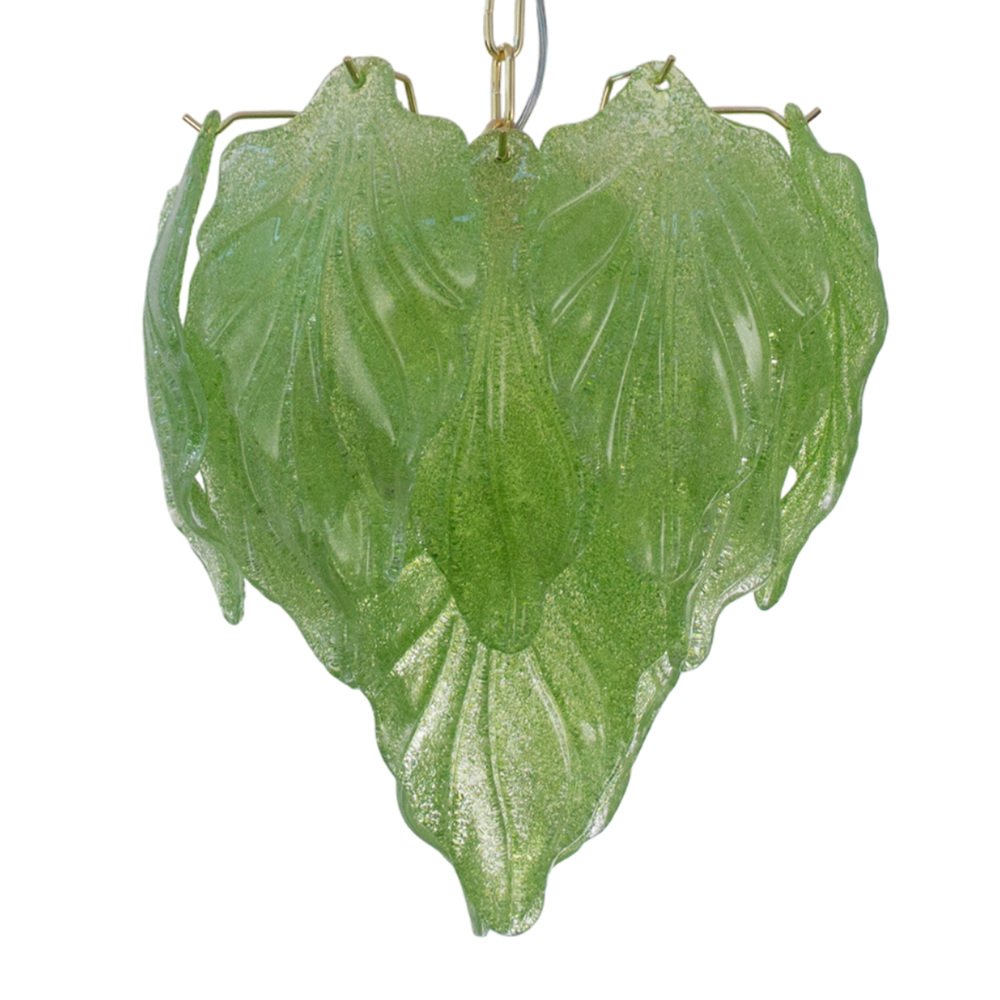 Lustre Vintage 5 Feuilles Murano – Verre Opaque Vert Et Doré (années 70)
