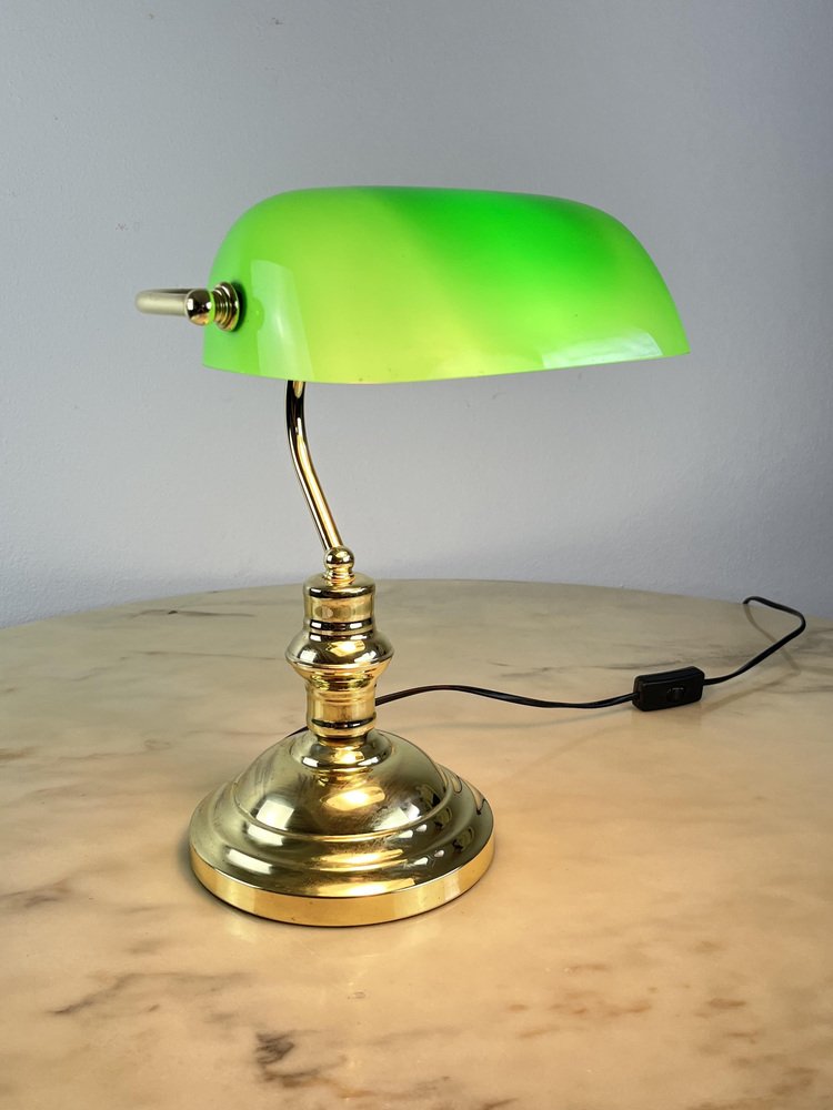 Lampe Ministérielle Art Déco - Verre Vert Et Laiton Poli, Style Anglais, Arterameferro
