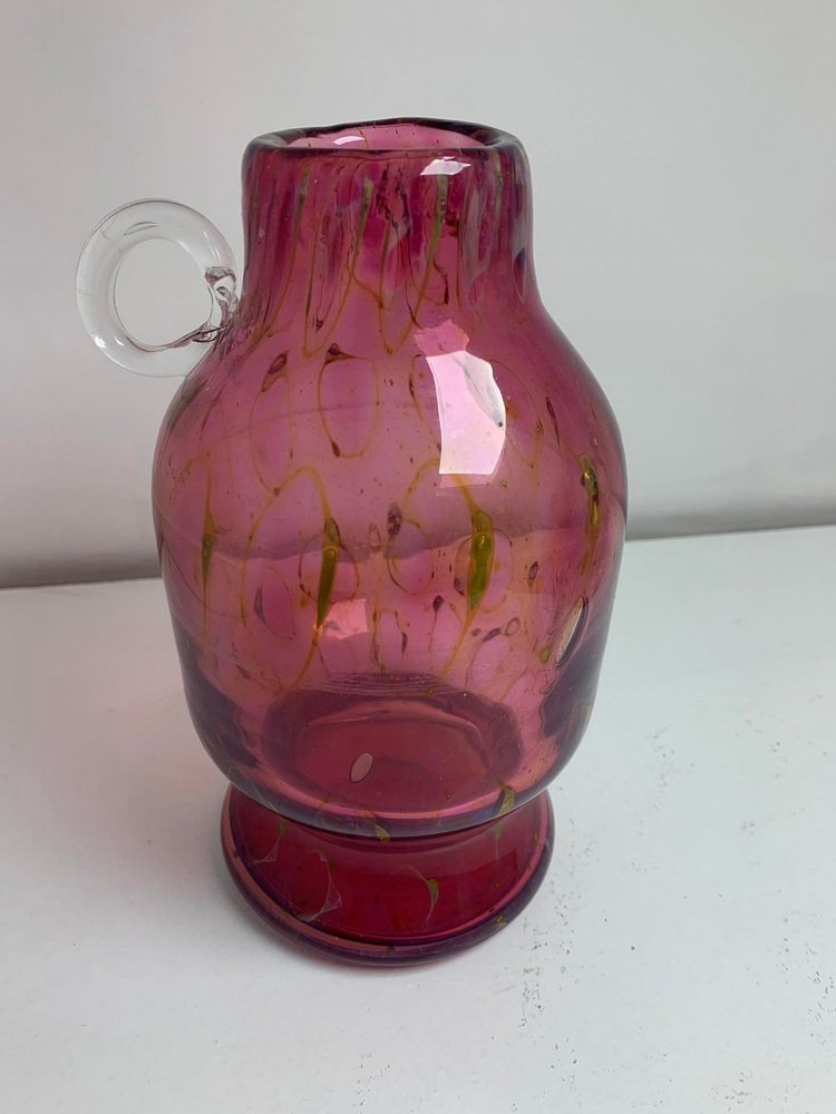Cranberry Art Glass Vase with Handle by Erwin Eisch Pfauenauge