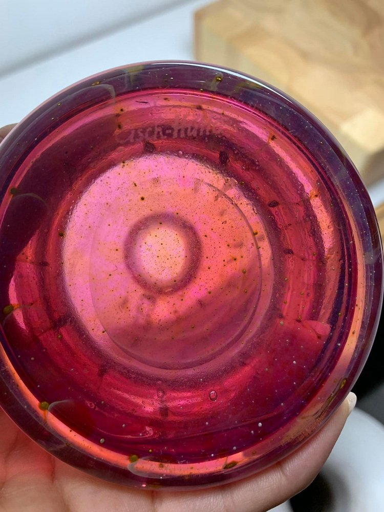 Cranberry Art Glass Vase with Handle by Erwin Eisch Pfauenauge