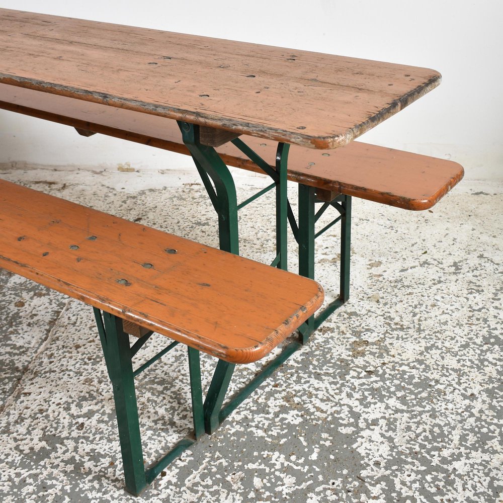 Vintage German Beer Hall Table and Benches, Set of 3 for sale at Pamono
