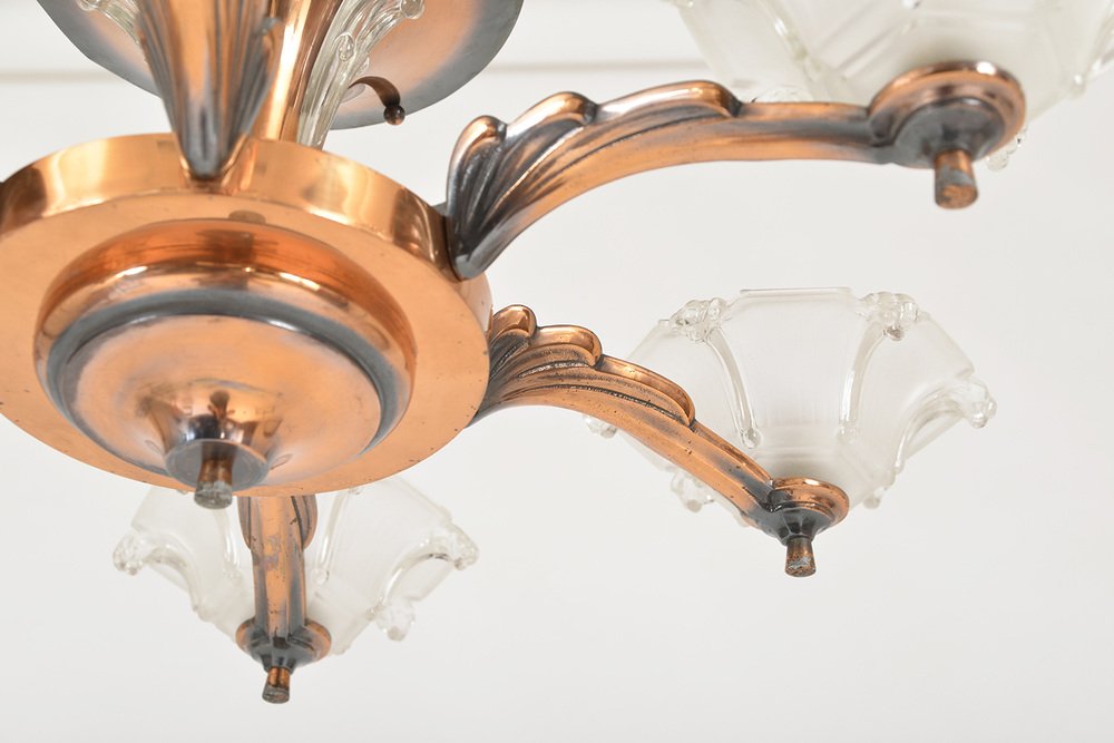Lustre Moderniste / Art Déco Années 30/40 - Cuivre Et Verre - Marque Ezan