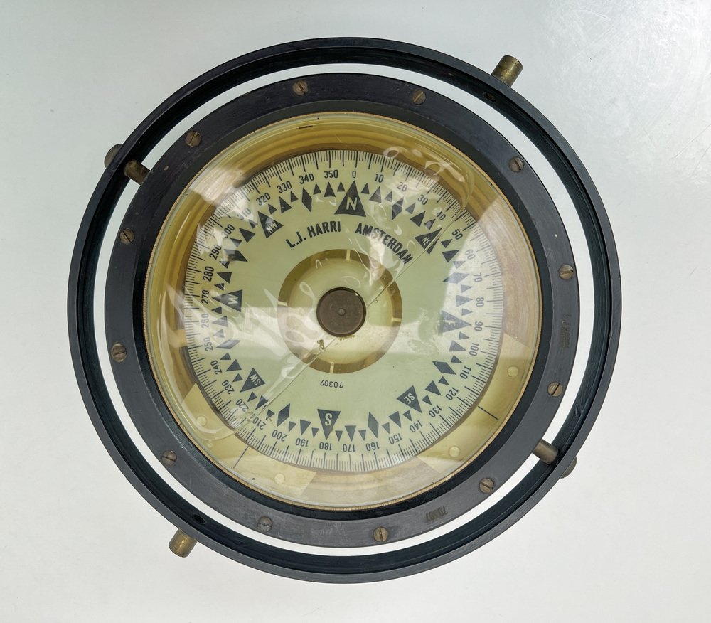 Antique Ships Compass in Painted Brass by L.J. Harri, Amsterdam, Early
