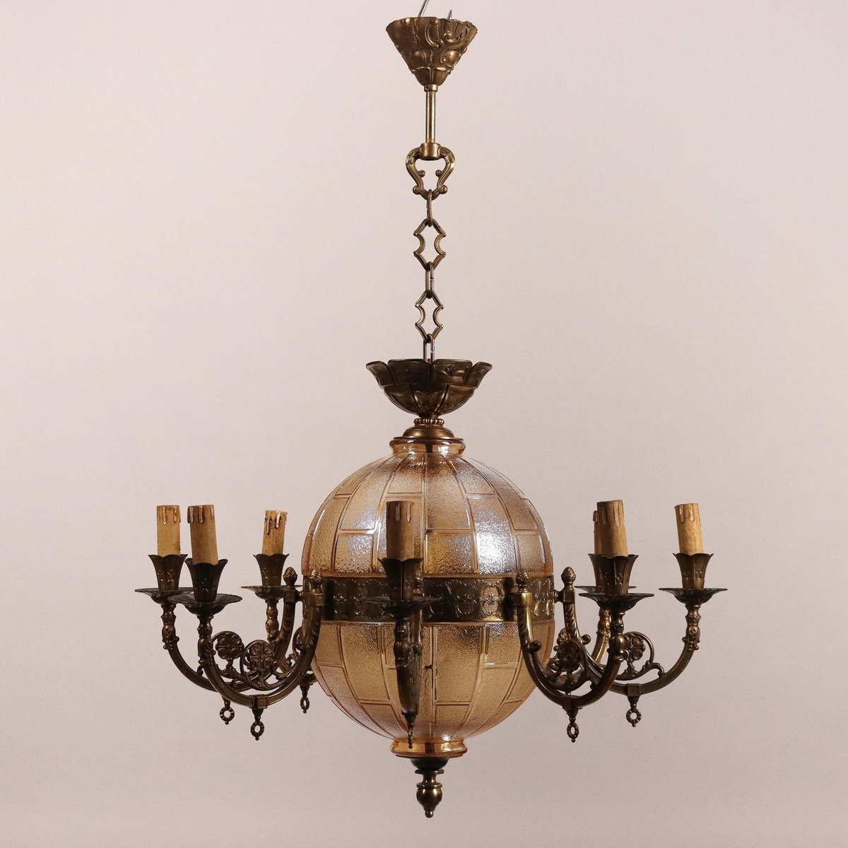 Vintage Brass & Glass Sphere Chandelier for sale at Pamono
