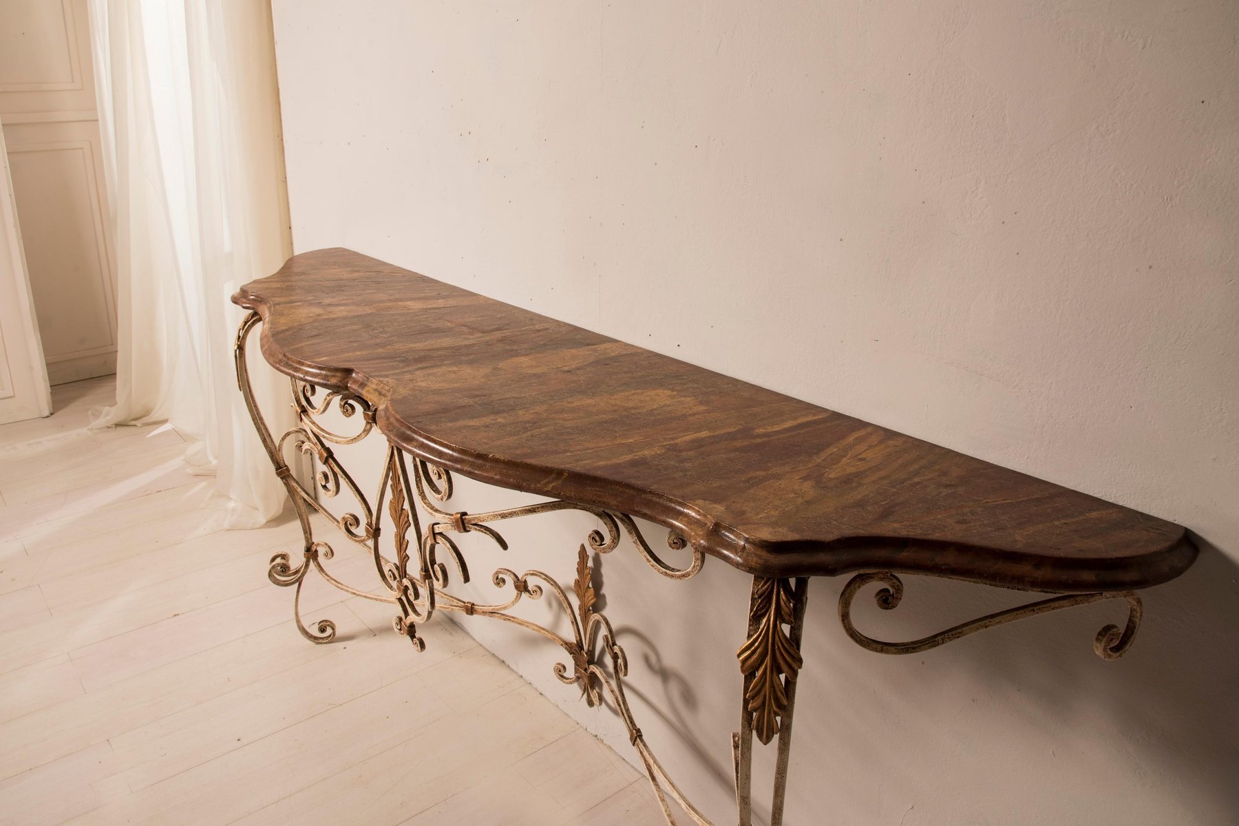 Vintage Wooden Console Table in Wrought Iron, 1950s for sale at Pamono