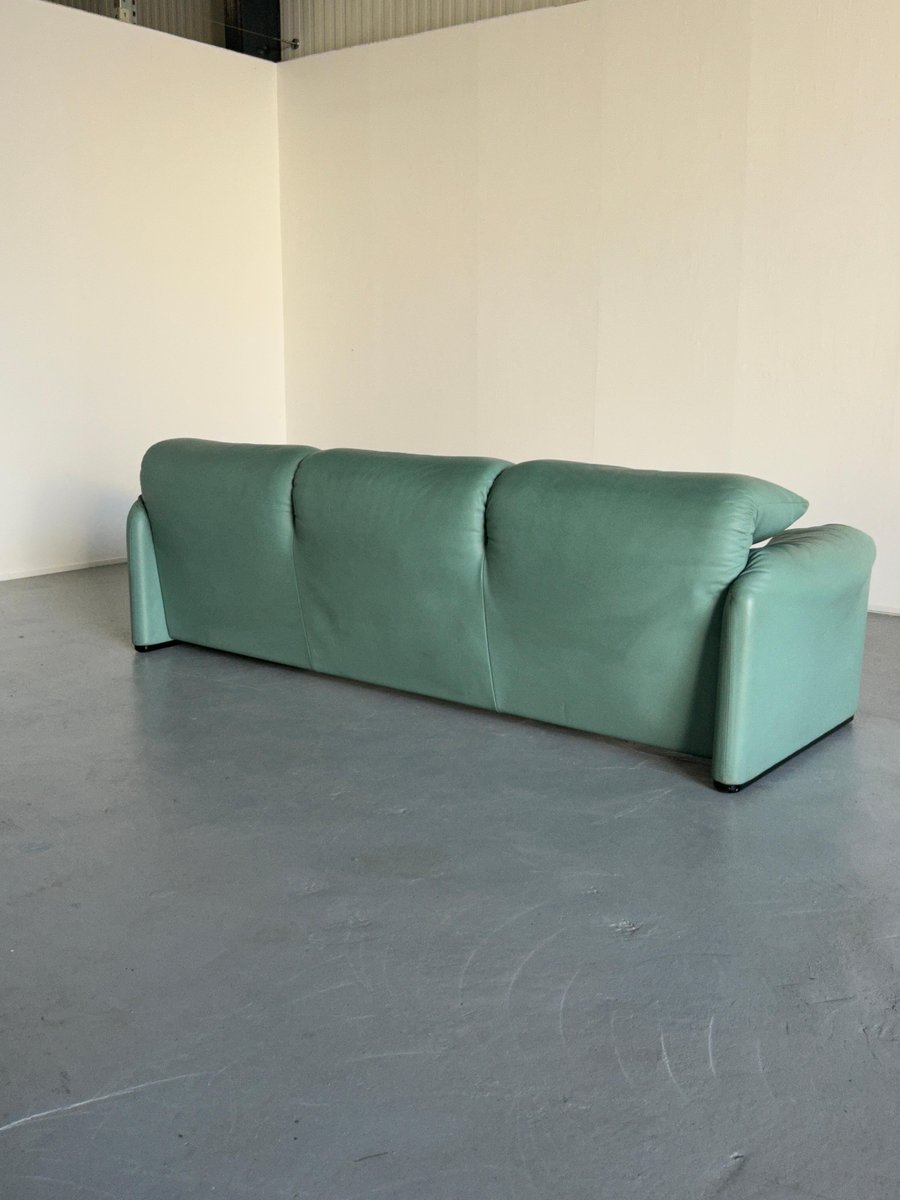 Italian Maralunga Mint Green Leather Sofa by Vico Magistretti for