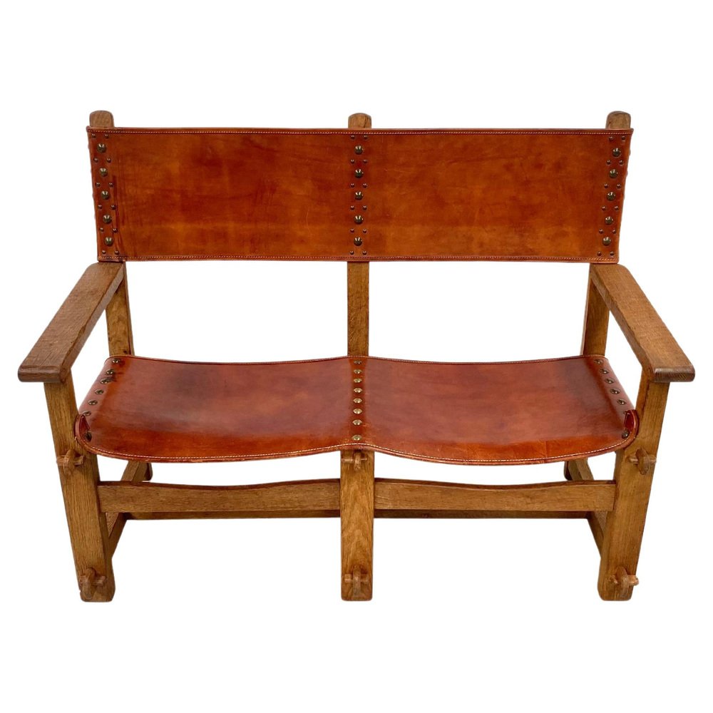Castle Bench Vintage French Castle Bench in Oak and Leather, 1920s for sale at Pamono