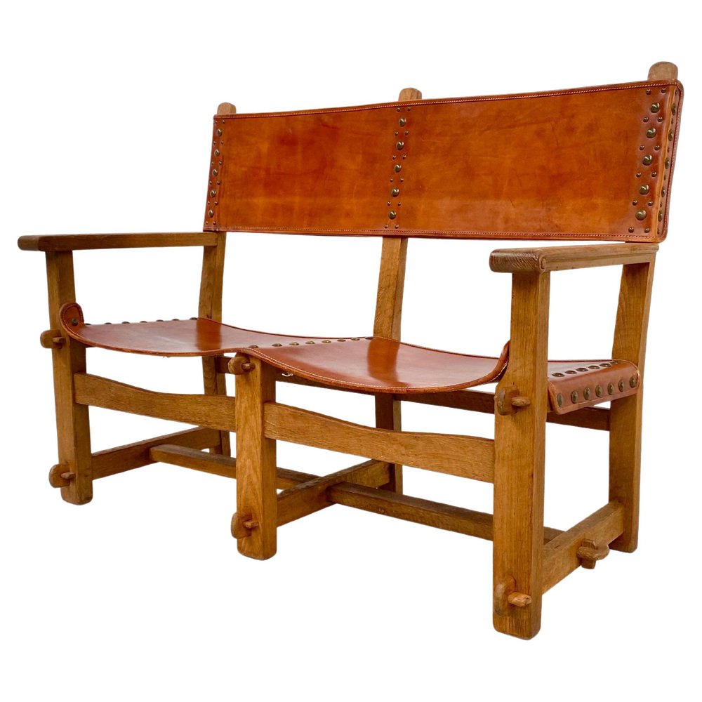 Castle Bench Vintage French Castle Bench in Oak and Leather, 1920s for sale at Pamono