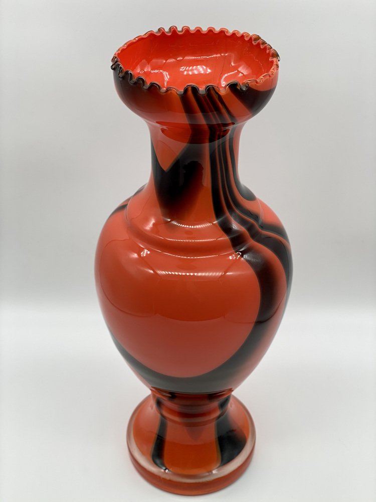 Grand Vase D'art Italien Murano - Verre Soufflé Rouge, Noir Et Or - Occasion