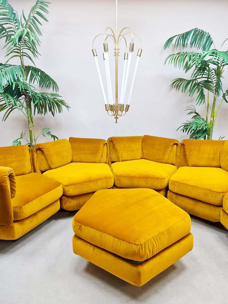 Vintage Living Room Set in Yellow Velvet, 1970s, Set of 6 for sale at
