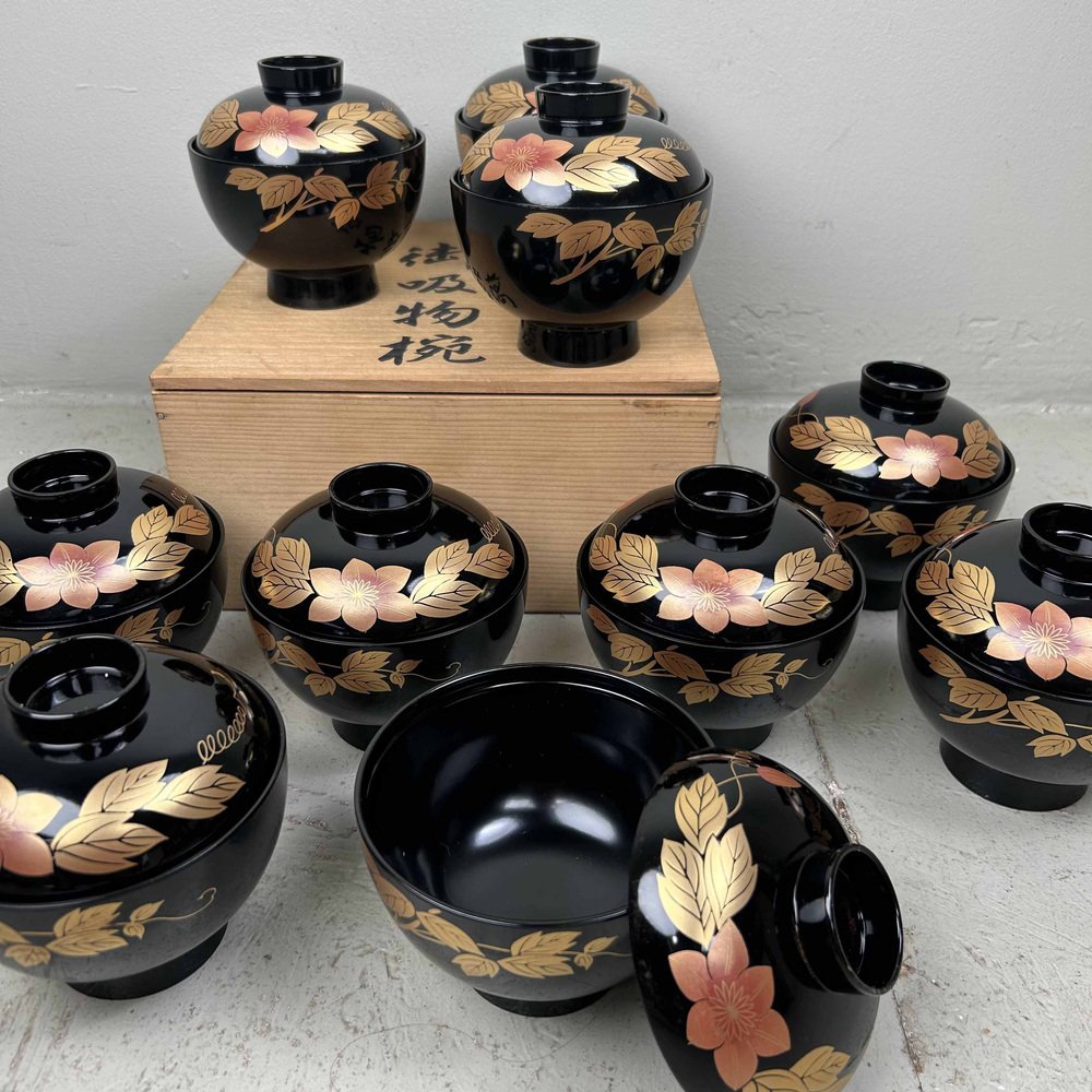 Japanese Lacquerware Rice Bowls, 1950s, Set of 10 for sale at Pamono