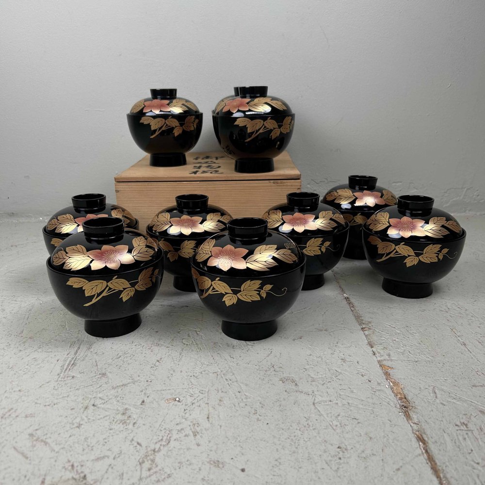 Japanese Lacquerware Rice Bowls, 1950s, Set of 10 for sale at Pamono