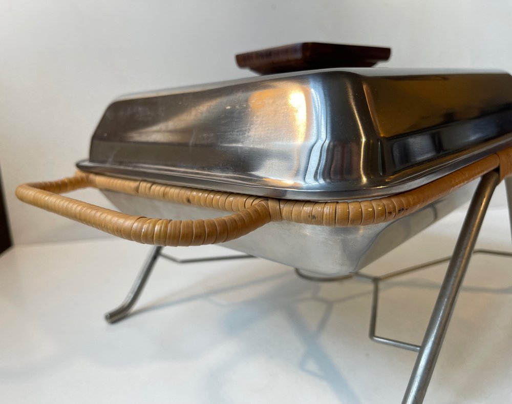 MidCentury Dinner Cloche Tray in Stainless Steel and Rattan from