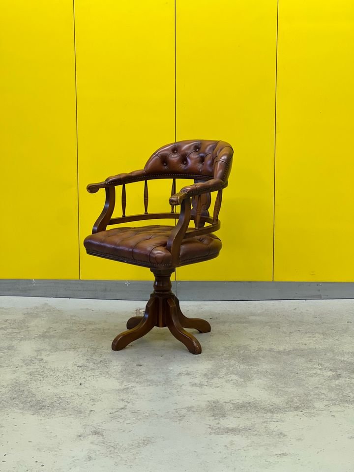 Vintage Brown Leather Chesterfield Swivel Desk Chair for sale at Pamono