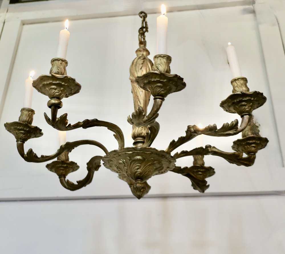 French Rococo Gilded Brass 8Branch Chandelier for sale at Pamono