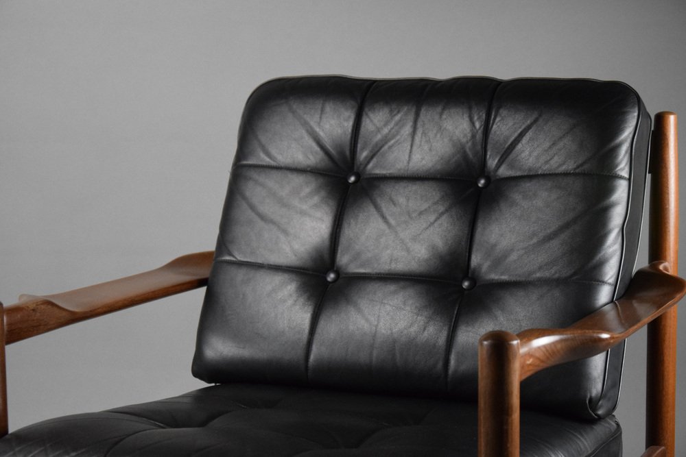 MidCentury Danish Black Leather and Wood Lounge Chair by Grete Jalk