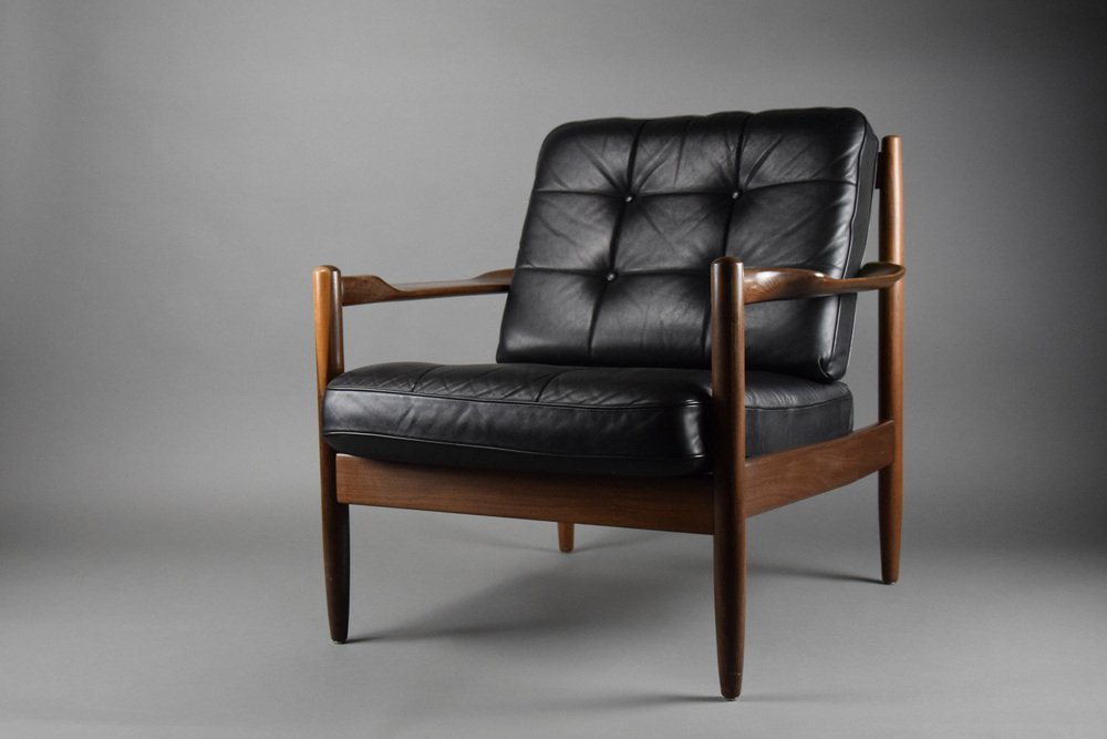 MidCentury Danish Black Leather and Wood Lounge Chair by Grete Jalk