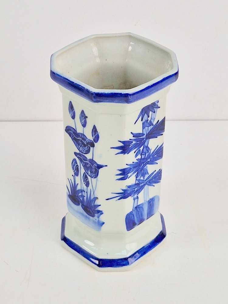 Antique Japanese Octagonal Blue and White Porcelain Vase with Landscape