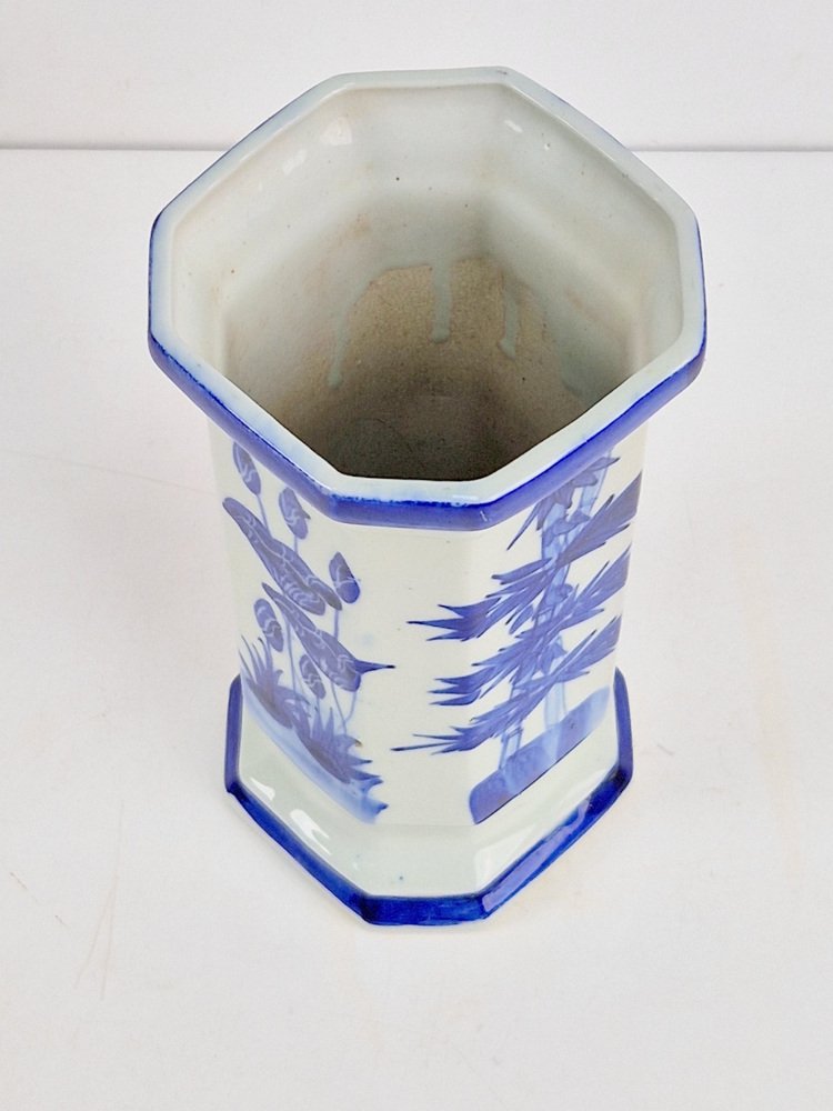 Antique Japanese Octagonal Blue and White Porcelain Vase with Landscape