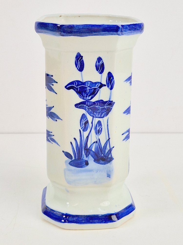 Antique Japanese Octagonal Blue and White Porcelain Vase with Landscape