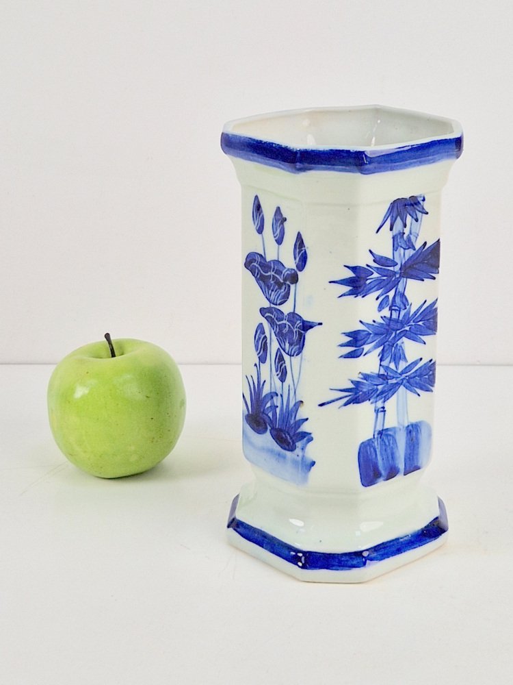 Antique Japanese Octagonal Blue and White Porcelain Vase with Landscape
