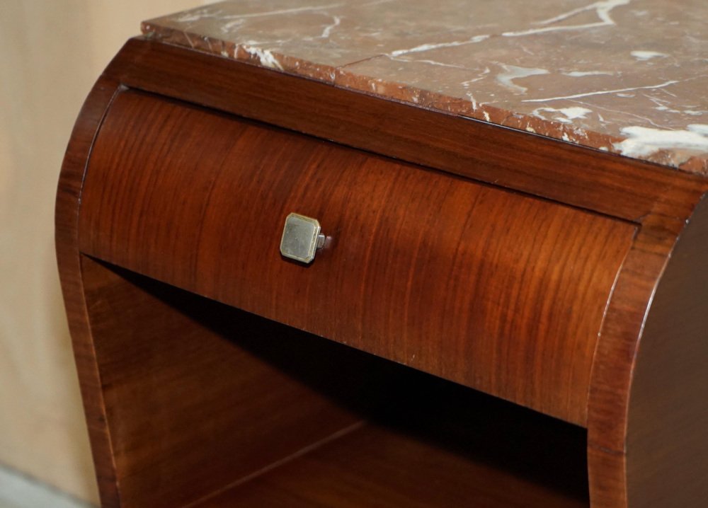 Tables de Chevet Art Déco en Bois Dur avec Dessus en Marbre, France