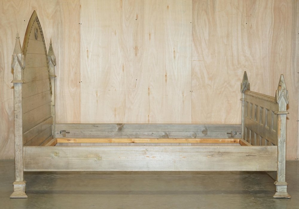 Gothic Revival Carved Limed Oak Four Poster Bed Frame for sale at Pamono