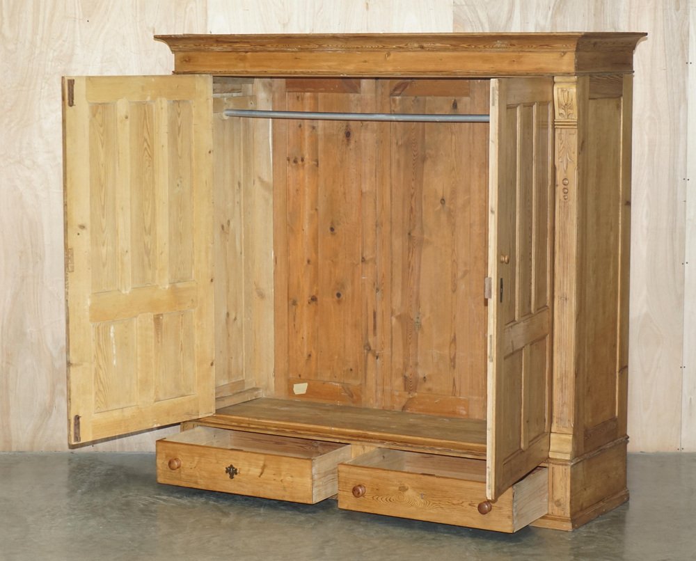 Vintage Swedish Hand Carved Pine Wardrobe for sale at Pamono