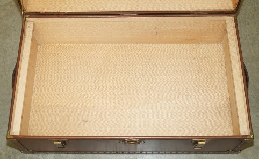 Antique Brown Leather Steamer Trunk Coffee Table with Removable