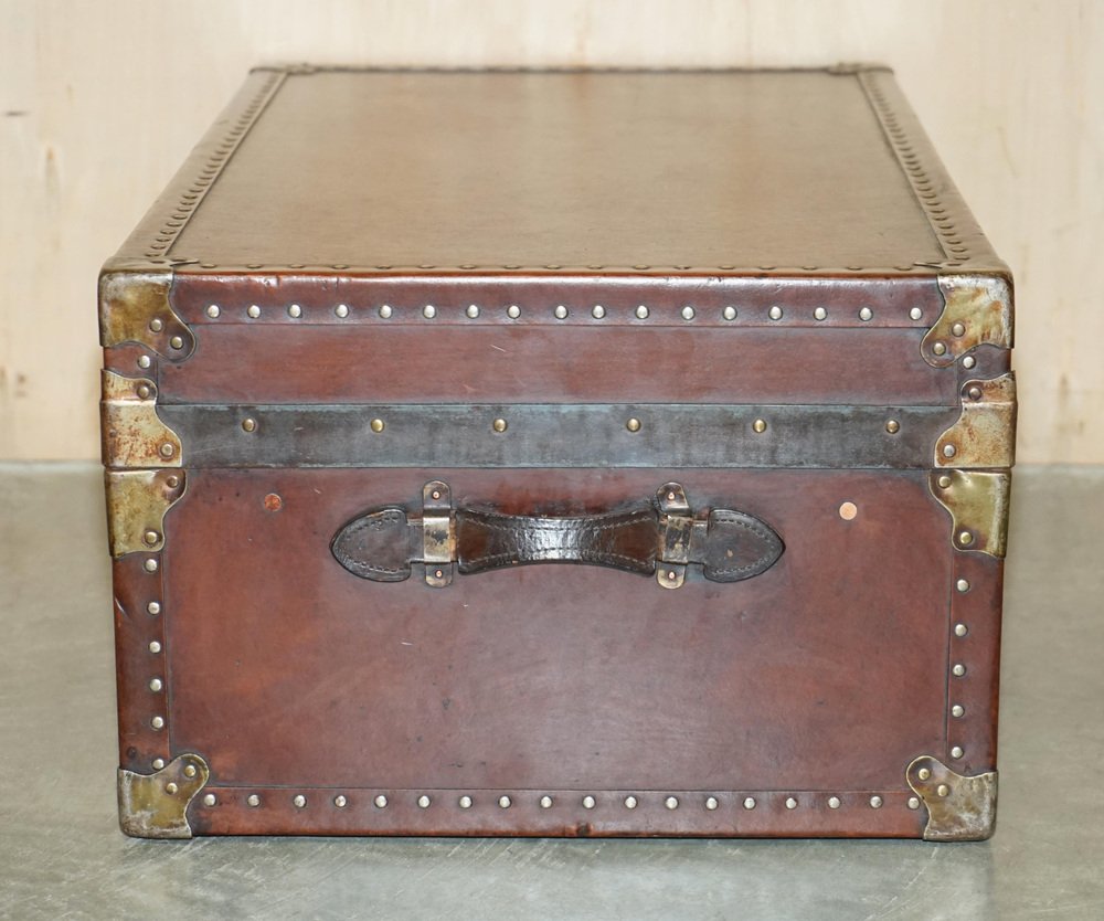 Antique Brown Leather Steamer Trunk Coffee Table with Removable